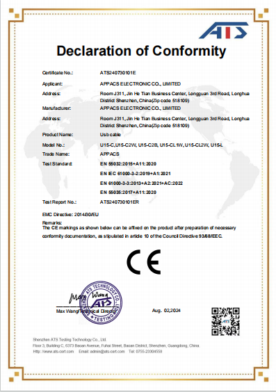 APPACS CE declaration of conformity certificate