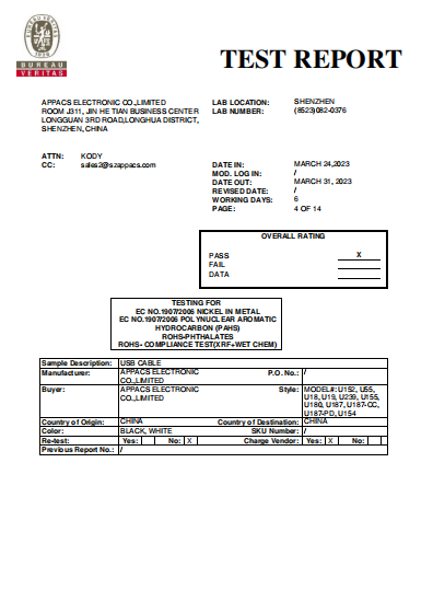 APPACS RoHS test report certificate