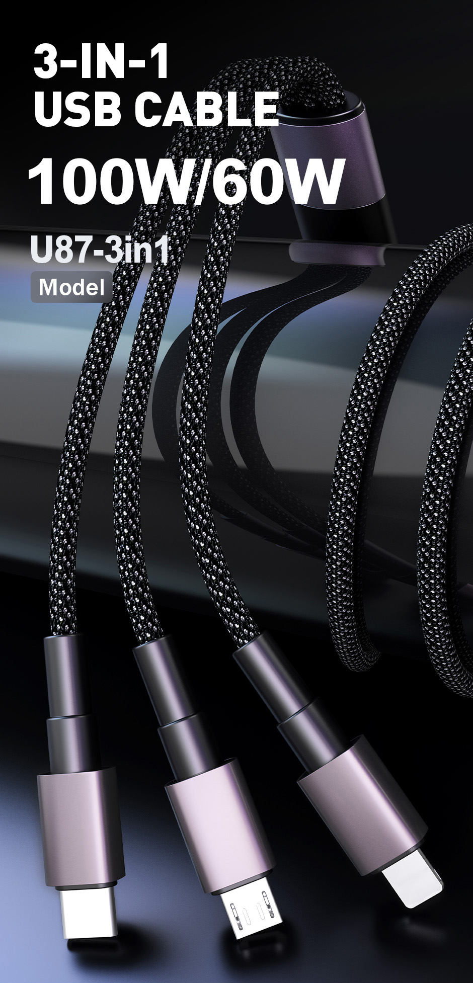 U87-3in1 USB cable 100W and 60W product visual